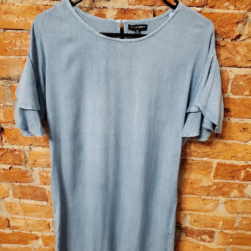 Chambray shift dress with flutter sleeve